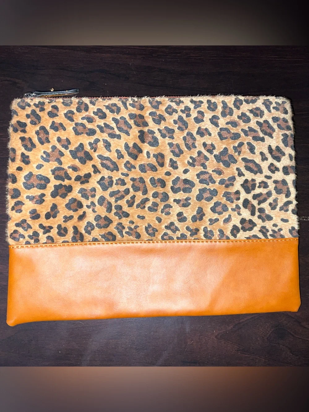Leopard Print Zip Clutch with Tan Faux-Leather Trim